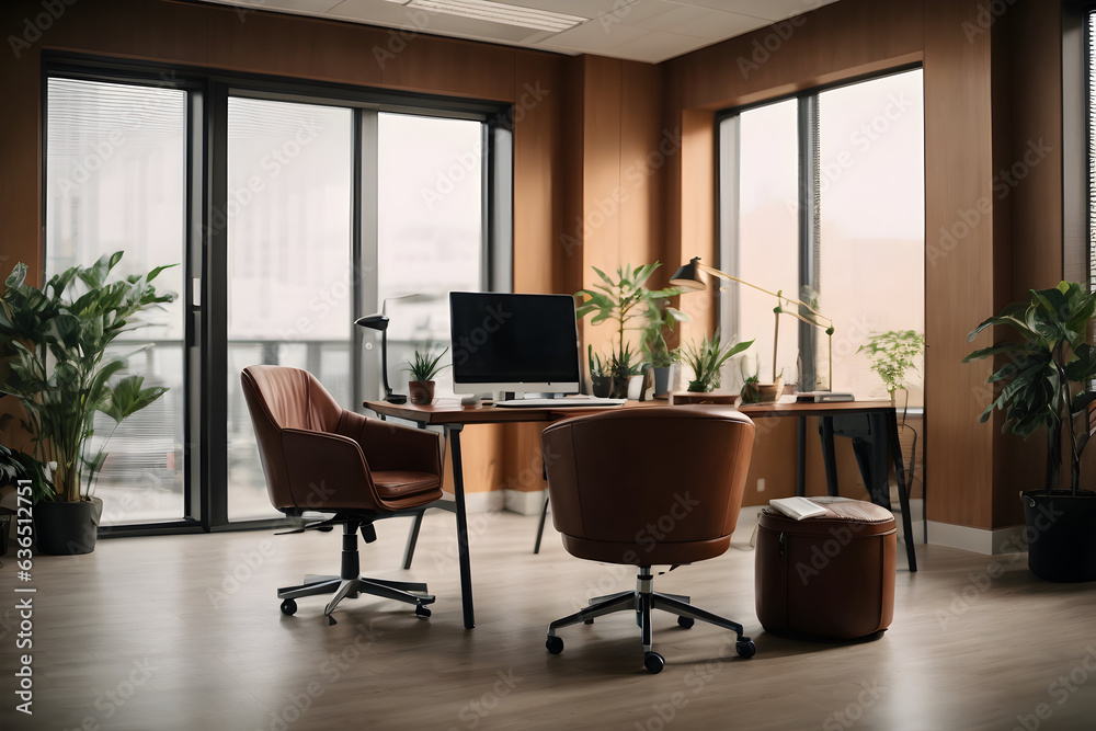 Luxury office room in house with modern office interior design. Comfortable office chair near table with modern computer. Luxury office room in house with modern office interior design. Comfortable office chair near table with modern computer.