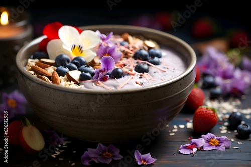 Healthy breakfast bowl with oatmeal, berries and flowers on dark wooden background