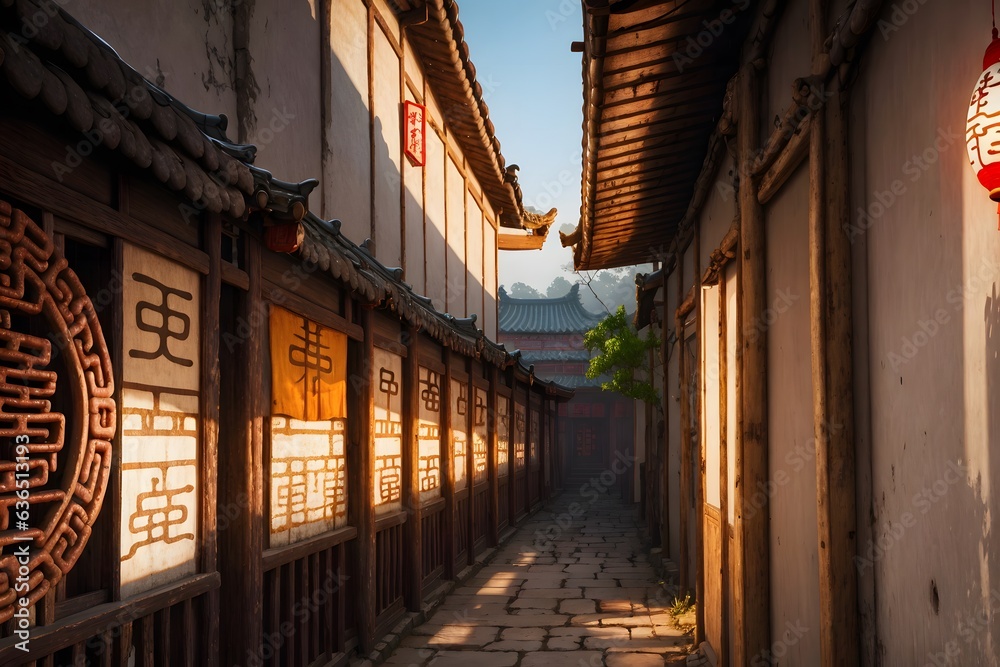 Old chinese city street with shops and houses afternoon. Illustration background wallpaper.