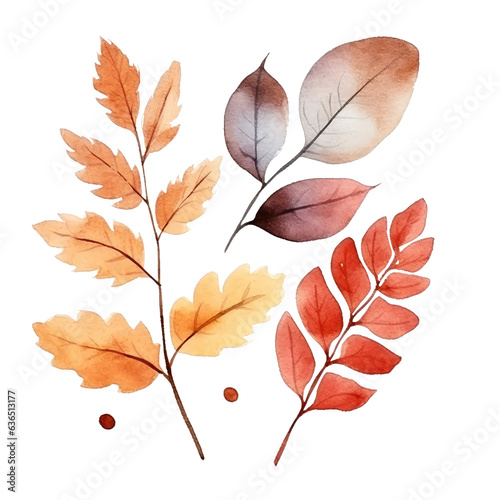Watercolor autumn leaves and branches  fall leaves illustration transparent background  PNG. Generative AI.