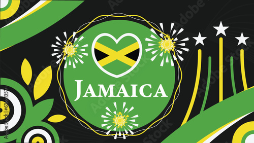 Jamaica national day vector geometric banner design with Jamaica flag theme colors, shapes, fireworks and typography. Jamaica celebration background.