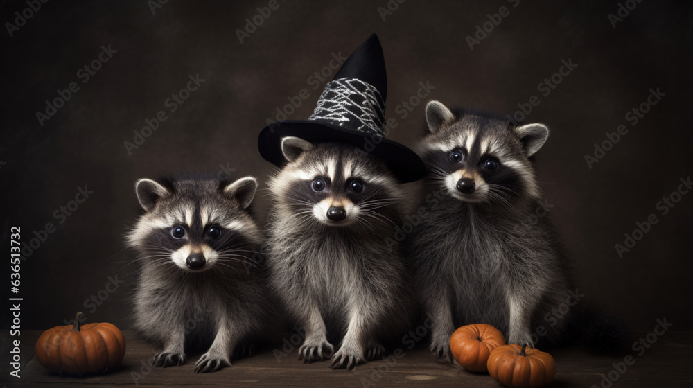 3 Racoons wearing a witch hat