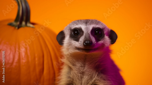 A cute meerkat standing next to a halloween pumpkin