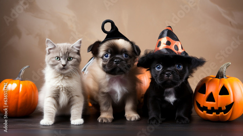 A cat and 2 dogs with a halloween hat on