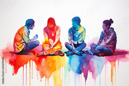 Watercolor Painting of a Group Therapy Session, Mental Health Concepts, Generative AI