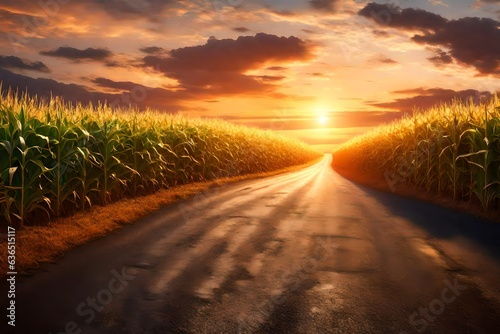 Sunrise over a farm road and corn fields, near Route 66 in Towanda, Illinois 3d rendering