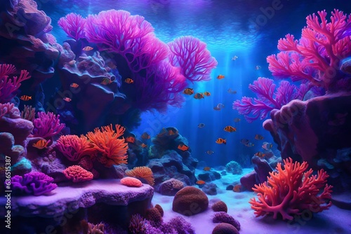 Colorful tropical coral reef with fish. Vivid multicolored corals in the sea aquarium. Beautiful Underwater world. Vibrant colors of coral reefs under bright neon purple light 3d rendering