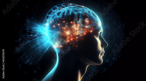 Silhouette of Men s laminate brain with light connection.Brain waves.Human brain neuroscientist concept.