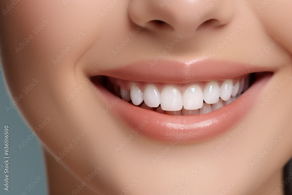 Obraz premium a female face. beautiful cute smile with very clean perfect teeth Generative AI