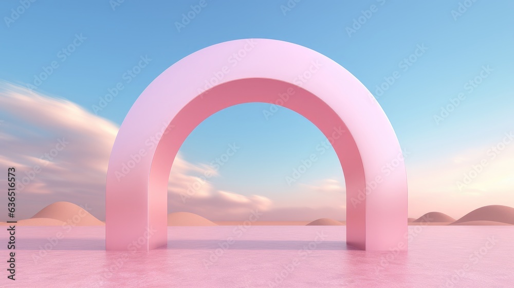 Suspended gracefully in the sky, a floating pink arch embodies the essence of contemporary surrealism. Its levitating presence against the backdrop of clouds blurs the boundaries between art - obrazy, fototapety, plakaty 