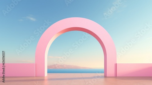 Suspended gracefully in the sky, a floating pink arch embodies the essence of contemporary surrealism. Its levitating presence against the backdrop of clouds blurs the boundaries between art
