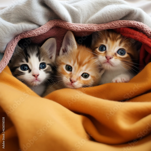 A group of adorable kittens cuddled up together in a cozy blanket Generative AI