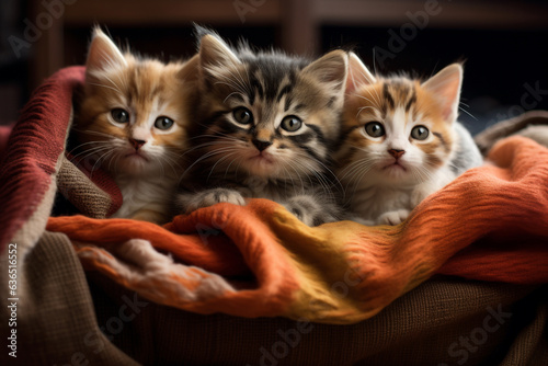 A group of adorable kittens cuddled up together in a cozy blanket Generative AI
