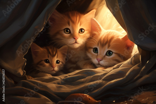 A group of adorable kittens cuddled up together in a cozy blanket Generative AI