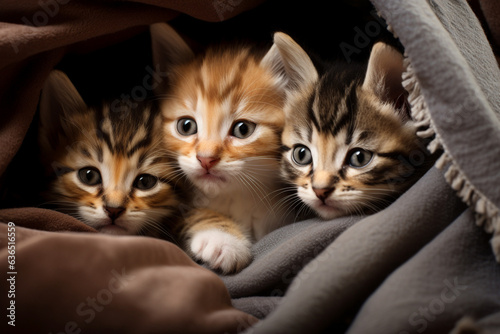 A group of adorable kittens cuddled up together in a cozy blanket Generative AI
