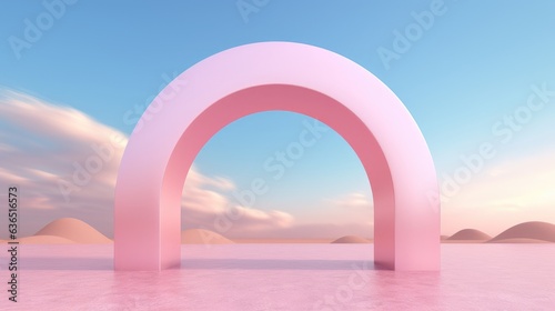 Suspended gracefully in the sky, a floating pink arch embodies the essence of contemporary surrealism. Its levitating presence against the backdrop of clouds blurs the boundaries between art