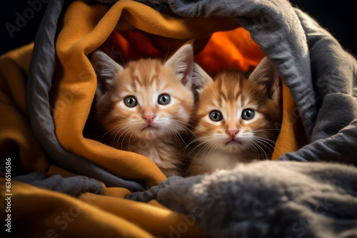 A group of adorable kittens cuddled up together in a cozy blanket Generative AI