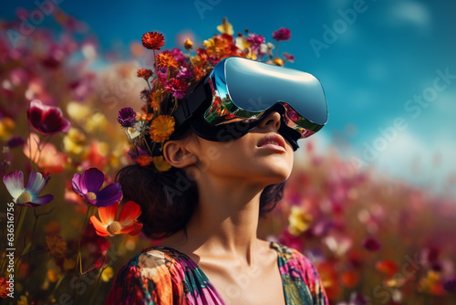 A woman wearing VR headset user, surreal world and virtual reality, colorful flowers fields Generative AI