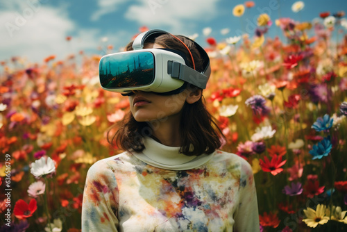 A woman wearing VR headset user, surreal world and virtual reality, colorful flowers fields Generative AI
