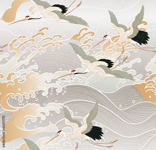 Crane birds vector with Japanese background . Hand drawn wave element with Oriental natural ocean seamless pattern.  Abstract art banner design in vintage style. 