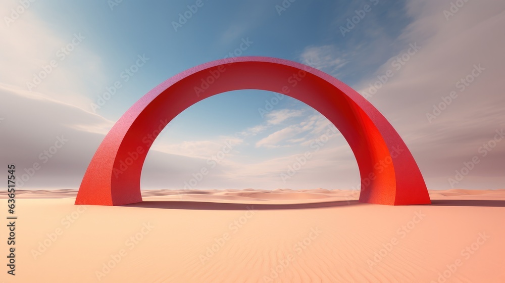 Amidst the sandy landscape,a bold red arch rises, accentuated by the formation of clouds overhead.The interplay of the arch's vibrant hue and the gathering clouds creates a captivating visual contrast - obrazy, fototapety, plakaty 