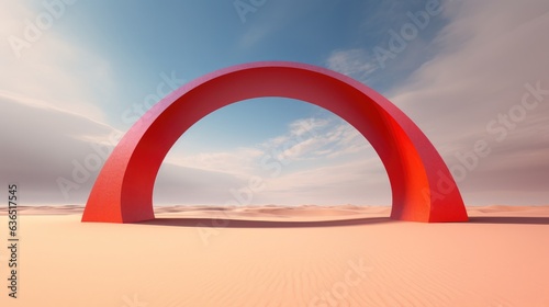 Amidst the sandy landscape,a bold red arch rises, accentuated by the formation of clouds overhead.The interplay of the arch's vibrant hue and the gathering clouds creates a captivating visual contrast