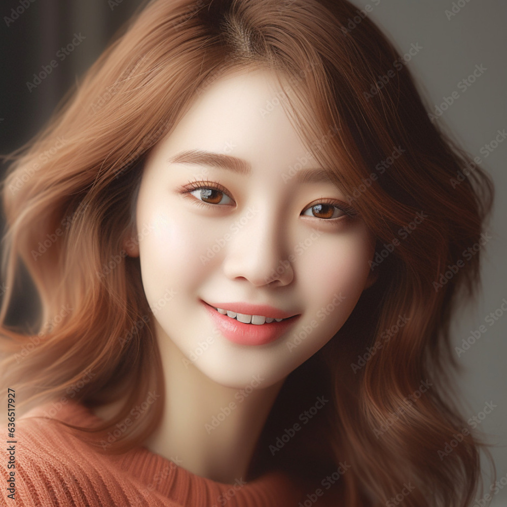 Naklejka premium [salon kei],a girl with soft light brown hair is photograph, in the style of realistic hyper-detailed photograph [background city weather fine],natural makeup,[hyper-realistic skin texture], light red