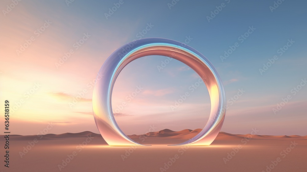 Amidst the desert's vastness, a shimmering silver arch rises, embodying the essence of colorful surrealism. This artistic creation adds a touch of modern vibrancy to the barren landscape - obrazy, fototapety, plakaty 