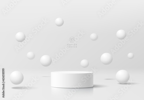 Abstract 3D white and gray cylinder pedestal podium background with bounce sphere balls wall scene. Minimal mockup product display presentation, Stage for showcase. Platforms vector geometric design. © JE48