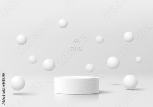 Abstract 3D white and gray cylinder pedestal podium background with bounce sphere balls wall scene. Minimal mockup product display presentation, Stage for showcase. Platforms vector geometric design.