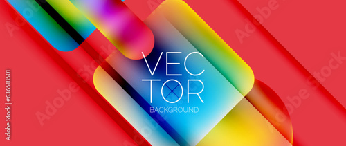 Dynamic bright colorful geometric elements with fluid gradients, lights, shadows blend in a minimal backdrop, creating captivating composition