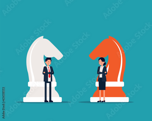 Business competitors playing chess striving for success. Business strategy and game. Vector illustration in cartoon style design.