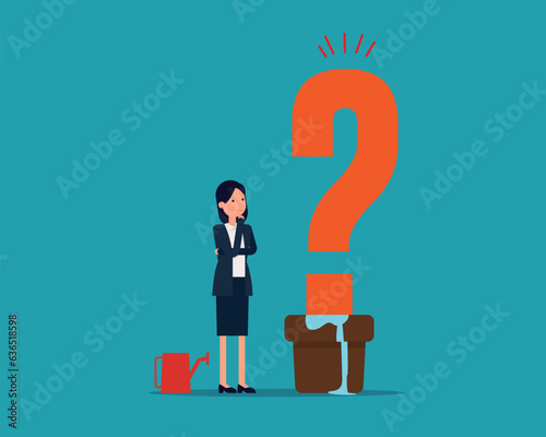 Investor harvesting. Watering and a question mark crops. Vector illustration in cartoon style design.