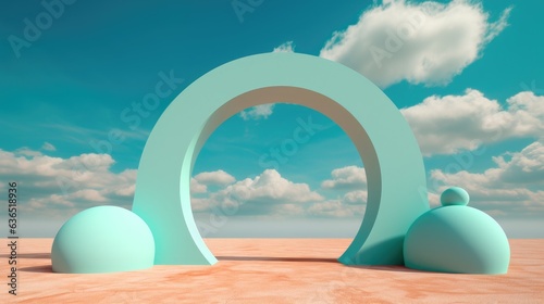 Amidst the desert's vastness, a prominent turquoise arch rises, capturing the essence of contemporary artistic style. The presence of clouds adds an atmospheric touch