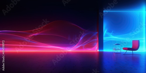 Dark room interior with neon wavy effects for your mockup. AI generation 