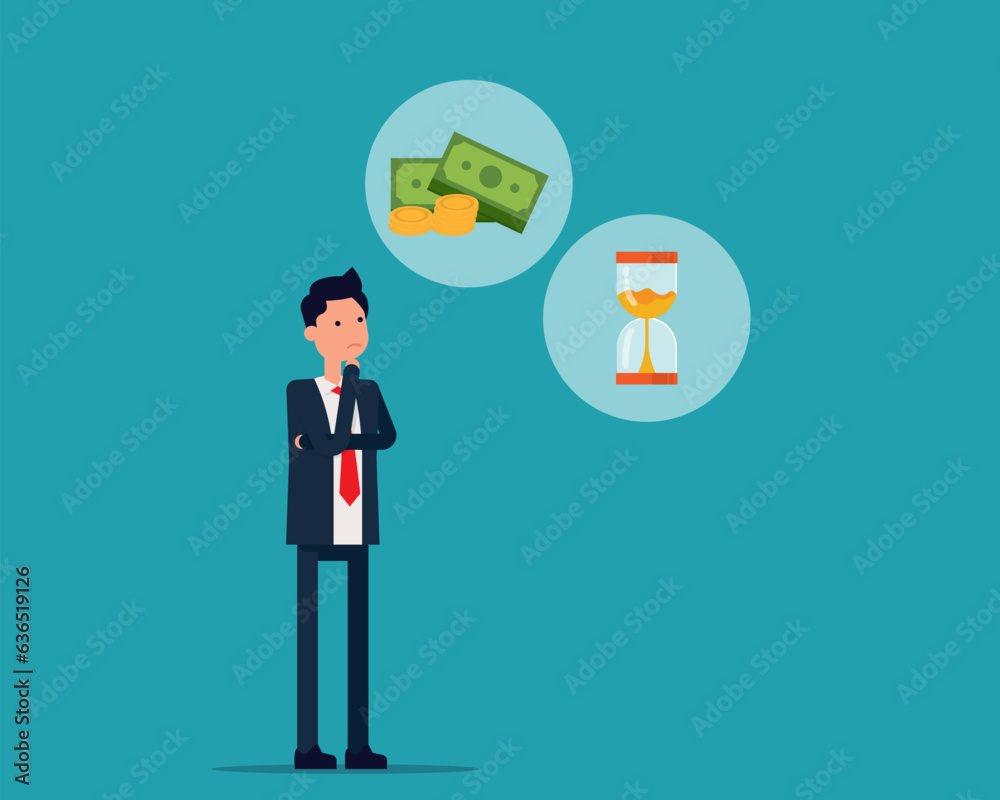 Man contemplating money and time. Question and Thinking concept. Vector illustration in cartoon concept