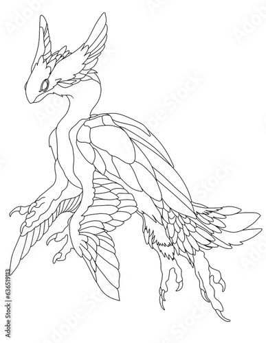 hand drawn vector illustration of a bird Black and white line art design of imaginary characters for t-shirt or coloring book or mug or shirt cloths as fantasy animals like tattoo 