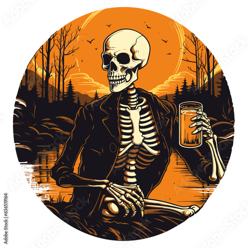 Vector illustration of dead skeleton skull drinking coffee, halloween tshirt design, vector illustration, 