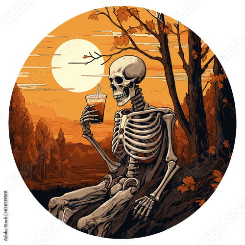 Vector illustration of dead skeleton skull drinking coffee, halloween tshirt design, vector illustration, 