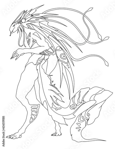 hand drawn vector illustration of an alien Black and white line art design of imaginary characters for t-shirt or coloring book or mug or shirt cloths as fantasy animals like tattoo 