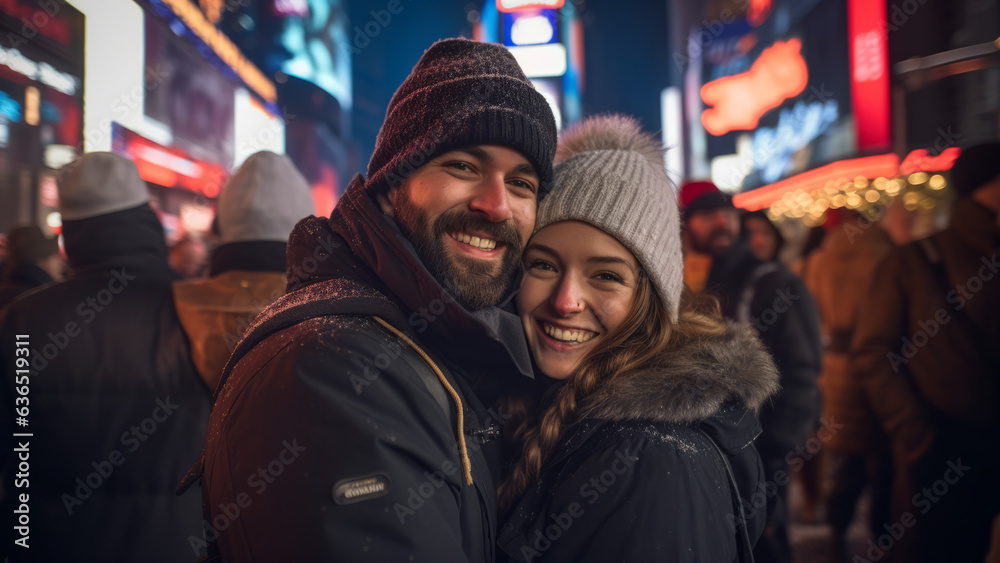 young couple smiling on new year's eve