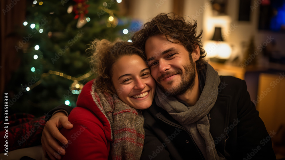 happy young couple smiling by a Christmas tree
