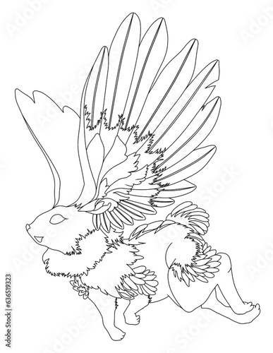 hand drawn illustration of an imaginary rabbit Black and white line art design of imaginary characters for t-shirt or coloring book or mug or shirt cloths as fantasy animals like tattoo 