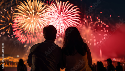 happy couple watching fireworks