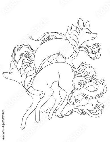 hand drawn illustration of fox Black and white line art design of imaginary characters for t-shirt or coloring book or mug or shirt cloths as fantasy animals like tattoo 