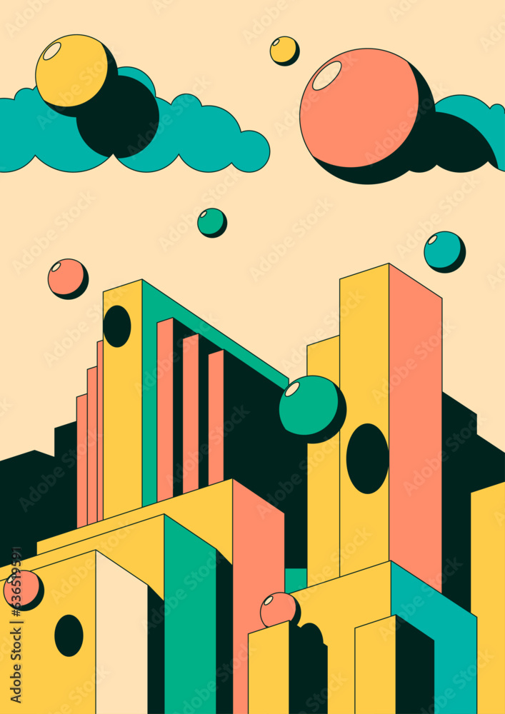 Abstract Architectural Geometric Shapes Poster. 1980s Vintage Colors Cityscape Concept Illustration
