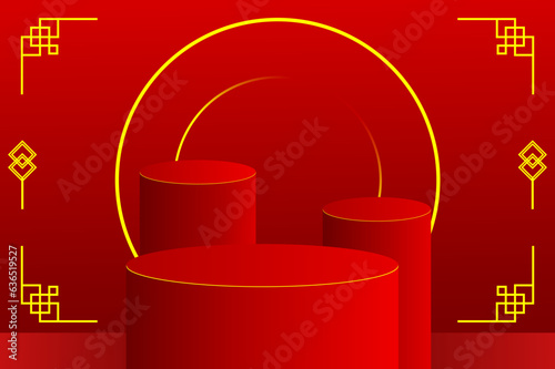 Exclusive abstract 3D minimal mockup scene. Three red podium shape with golden ring for show product display to celebrate Chinese new year. 3D vector with a Chinese pattern. 