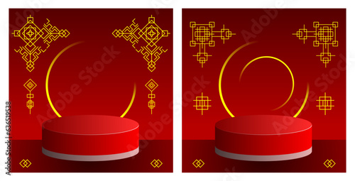 Abstract 3D minimal mockup scene. Geometry red podium shape for show product display to celebrate Chinese new year. 3D vector with a Chinese pattern. Social media template.