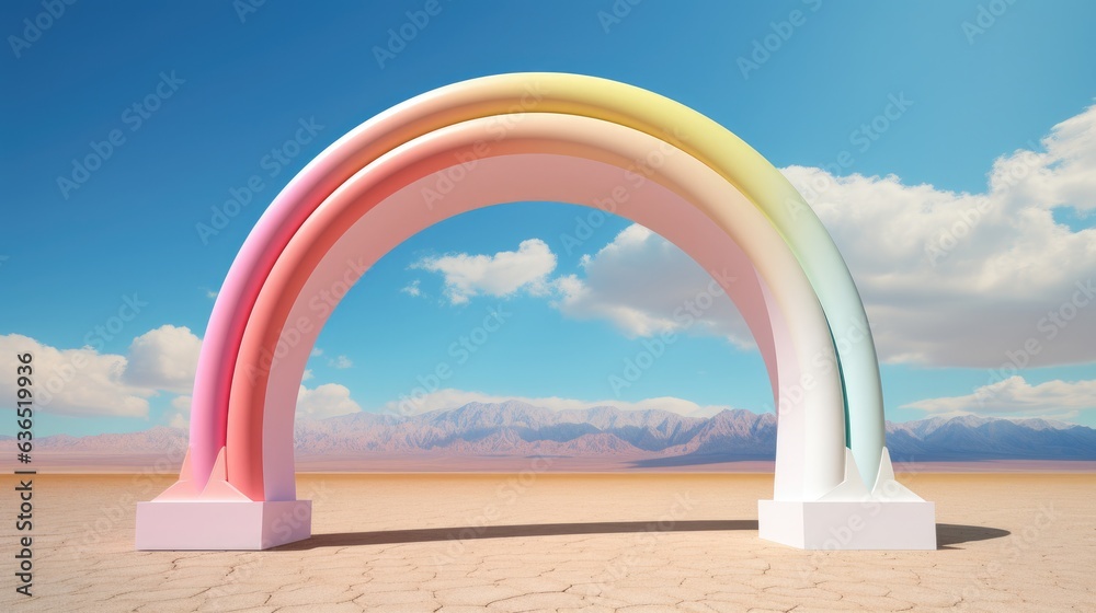 Against the desert backdrop, a pristine white arch stands prominently, reflecting the essence of contemporary artistic style. The presence of clouds adds an atmospheric touch