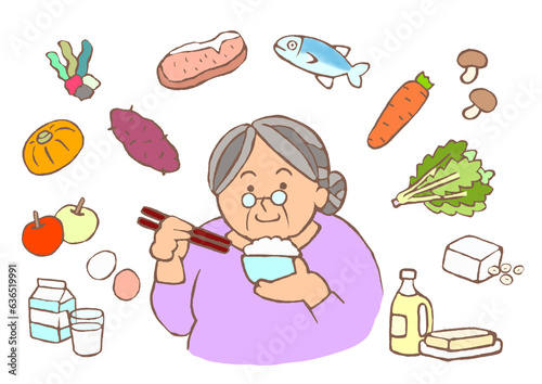 認知症予防　栄養バランスのよい食事をとる高齢女性のイラスト